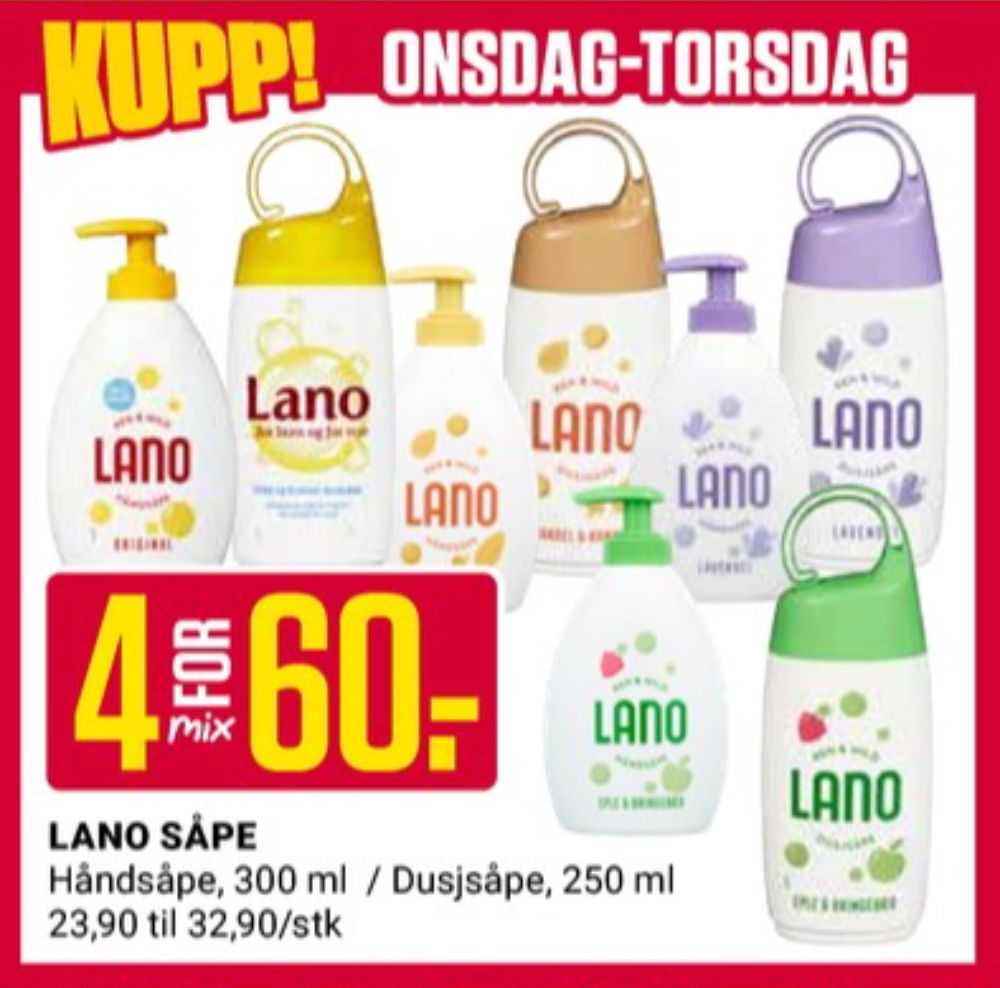 Tilbud og prissammenligning på Lano, , Flytende håndsåpe 0.250 ltr 4 Styk kr60.00 i Europris kundeavis