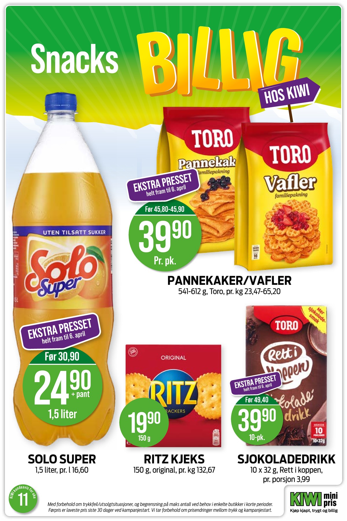 Se Kiwi kundeavis for uke 11 på Tilbudsuken.no. Se gode tilbud på mange varer, f.eks. pannekakemix toro eller vaffelmix toro. Les kundeavisen her! Side 19