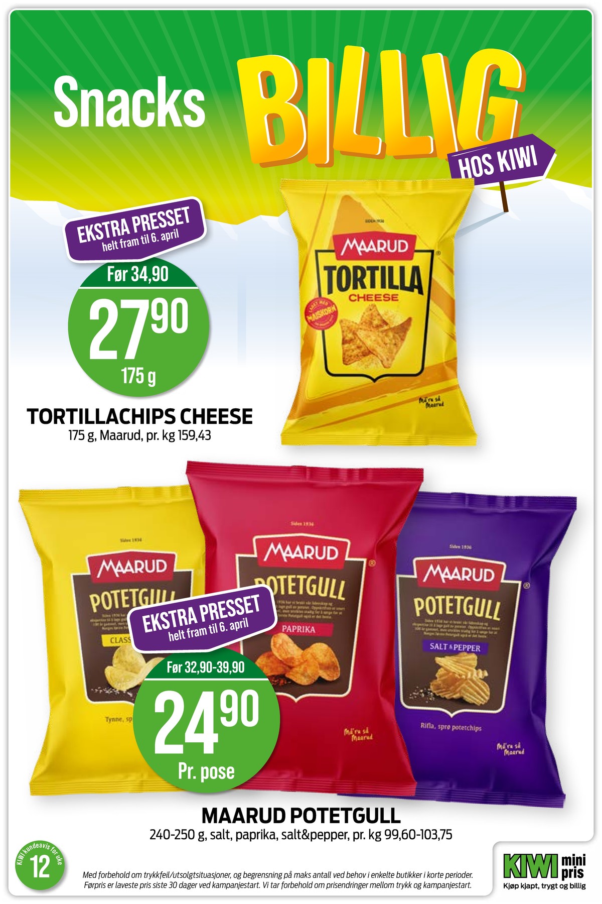 Se Kiwi kundeavis for uke 12 på Tilbudsuken.no. Se gode tilbud på mange varer, f.eks. tortilla cheese chips maarud eller potetgull paprika maarud. Les kundeavisen her! Side 11