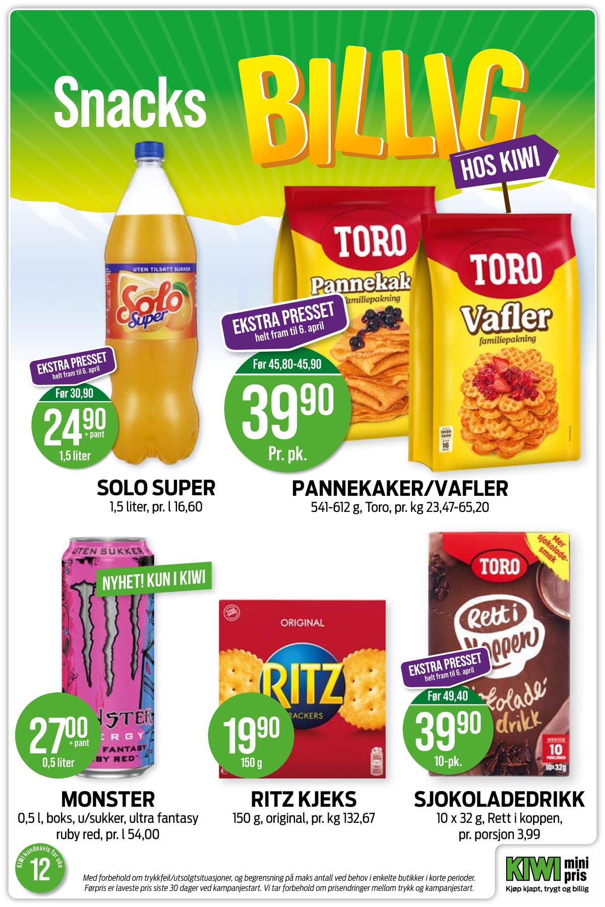Se Kiwi kundeavis for uke 12 på Tilbudsuken.no. Se gode tilbud på mange varer, f.eks. solo super solo super eller pannekakemix toro. Les kundeavisen her! Side 12