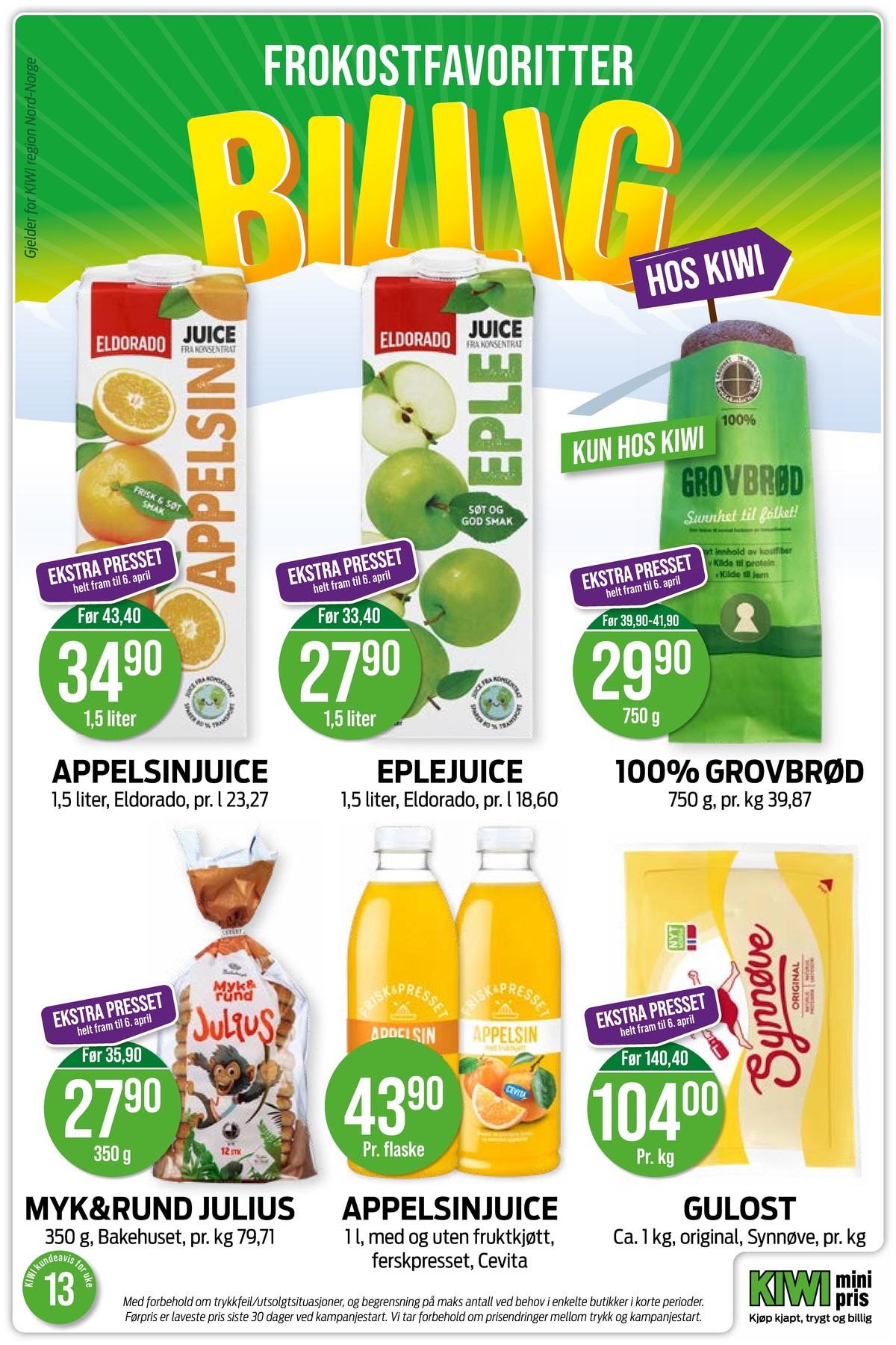 Se Kiwi kundeavis for uke 13 på Tilbudsuken.no. Se gode tilbud på mange varer, f.eks. appelsinjuice eldorado eller appelsinjuice med fruktkjøtt cevita. Les kundeavisen her! Side 11