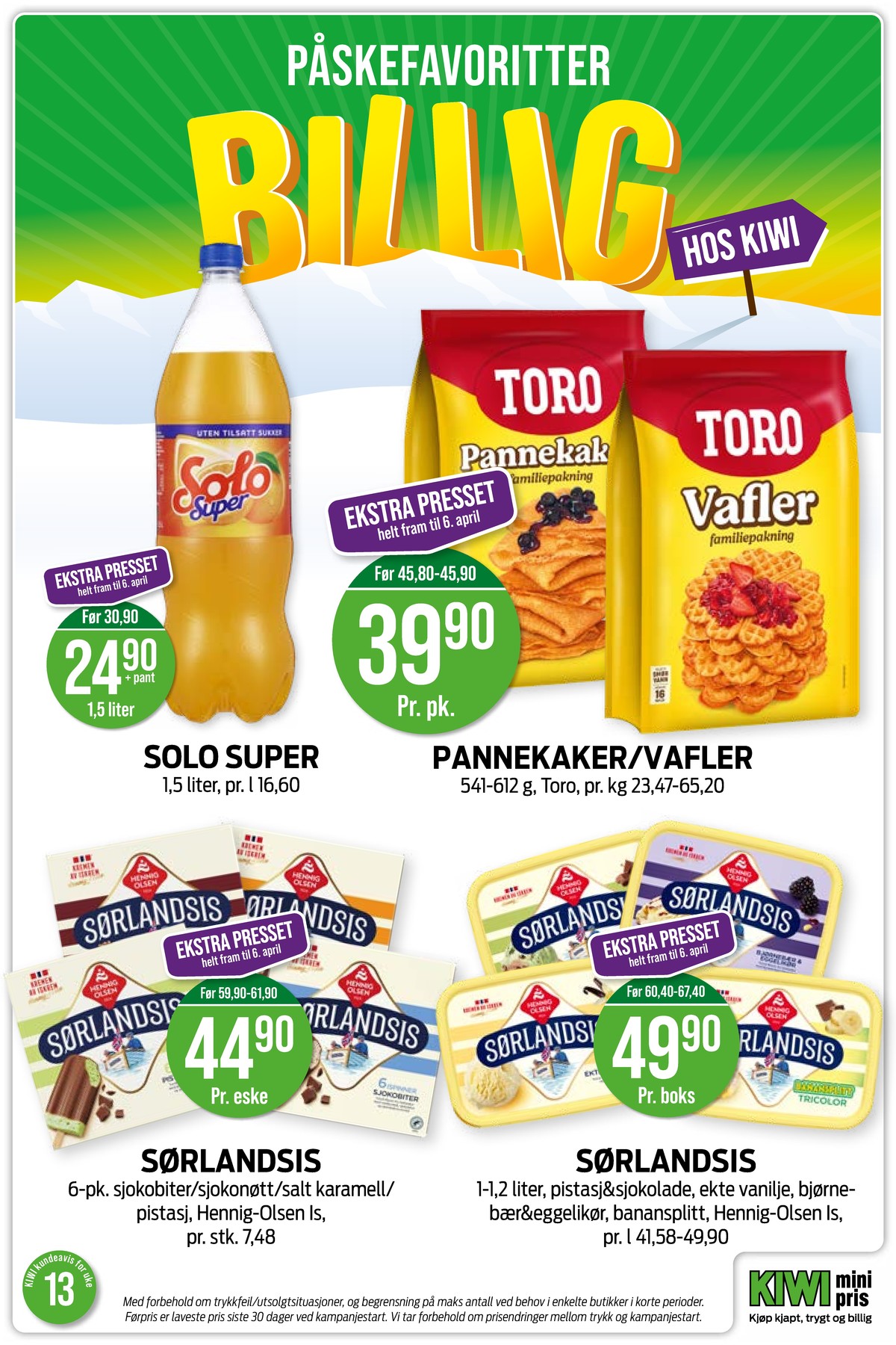Se Kiwi kundeavis for uke 13 på Tilbudsuken.no. Se gode tilbud på mange varer, f.eks. pannekakemix toro eller vaffelmix toro. Les kundeavisen her! Side 3