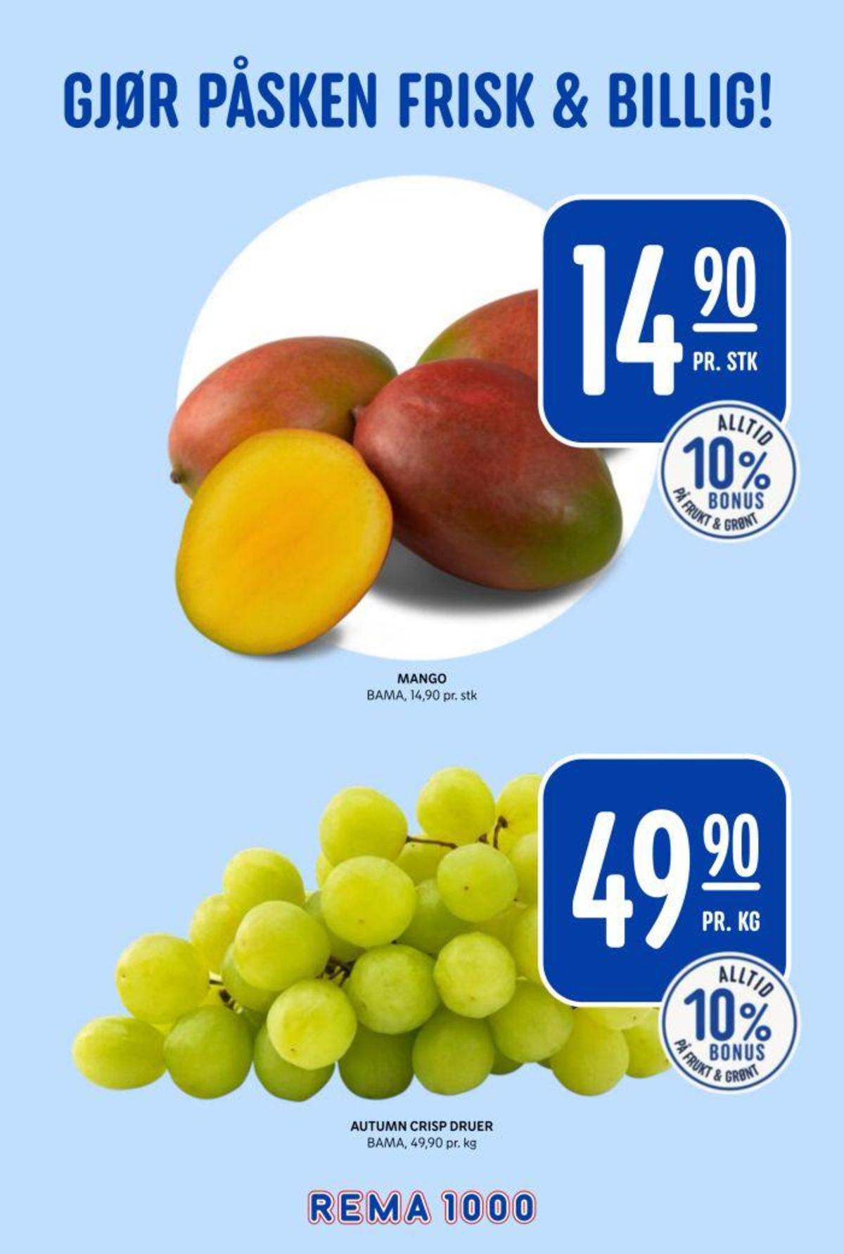 Se Rema 1000 kundeavis for uke 13 på Tilbudsuken.no. Se gode tilbud på mange varer, f.eks. mango bama eller druer bama. Les kundeavisen her! Side 7