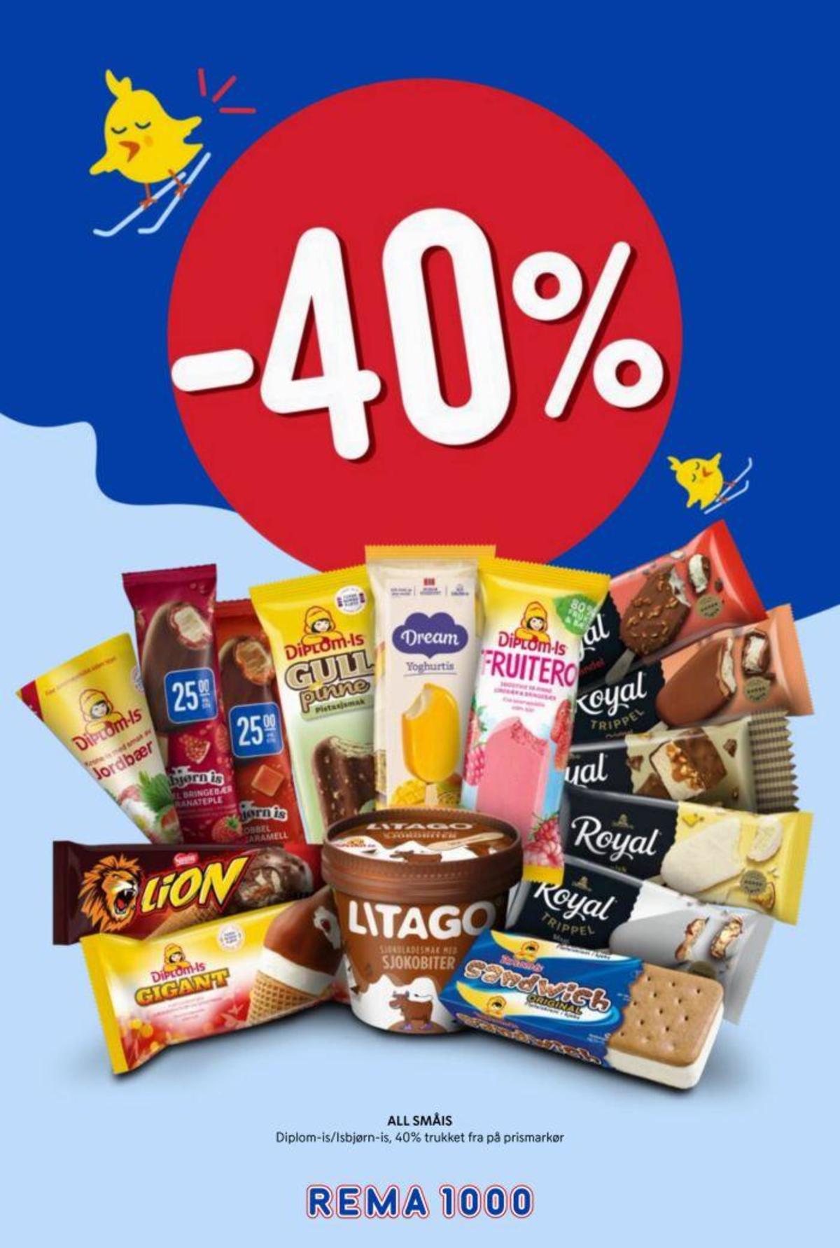 Se Rema 1000 kundeavis for uke 14 på Tilbudsuken.no. Se gode tilbud på mange varer, f.eks. jordbærisvaffel diplom-is eller issnack lion. Les kundeavisen her! Side 39