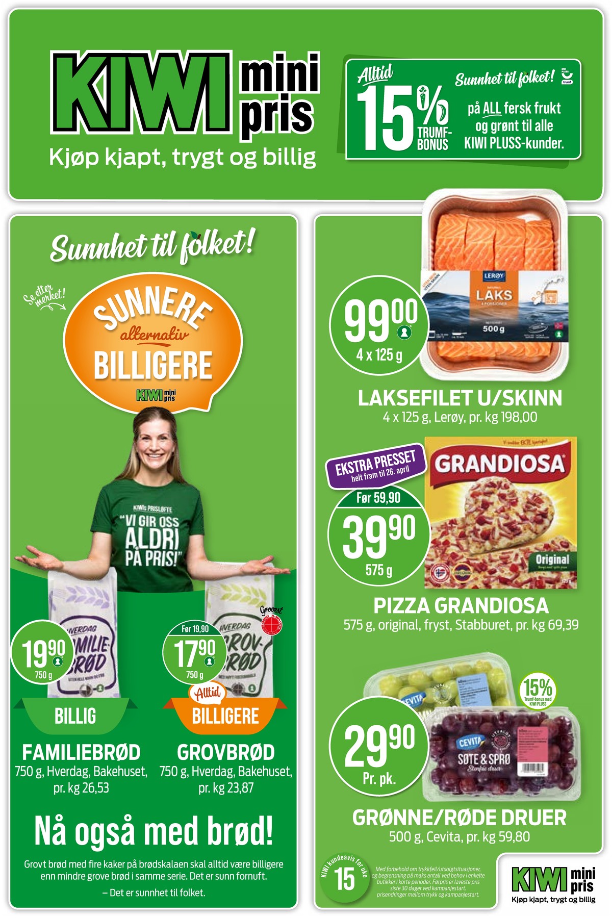 Se Kiwi kundeavis for uke 15 på Tilbudsuken.no. Se gode tilbud på mange varer, f.eks. laksefilet lofoten eller brød bakehuset. Les kundeavisen her! Side 1