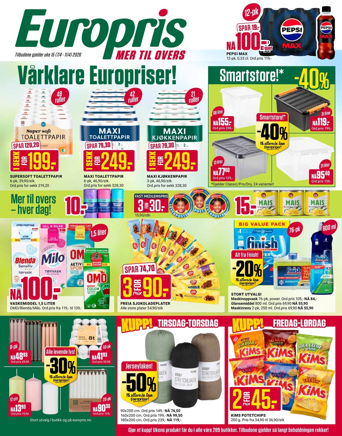Se Europris kundeavis for uke 15 på Tilbudsuken.no. Se gode tilbud på mange varer, f.eks. pepsi max 12 pk. pepsi max eller toalettpapir super soft. Les kundeavisen her! Side 1