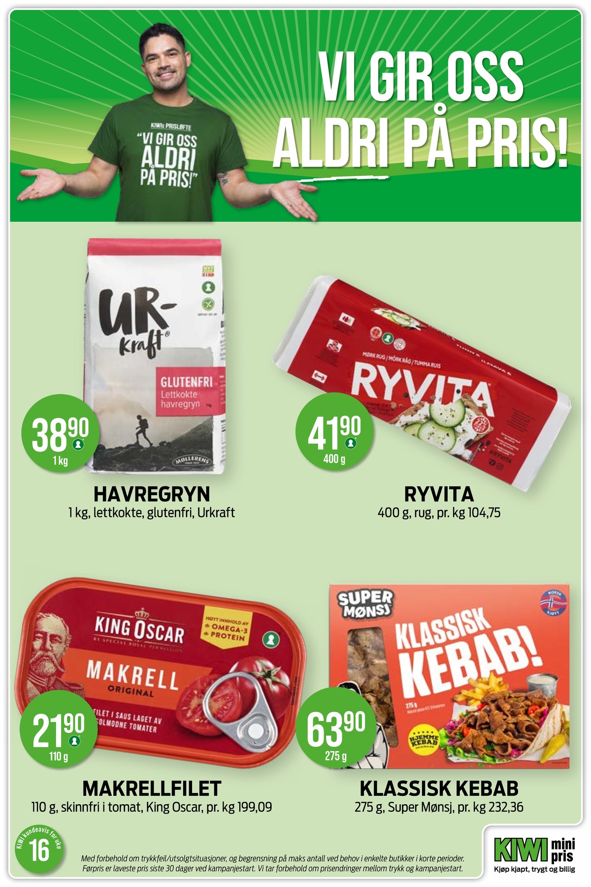 Se Kiwi kundeavis for uke 16 på Tilbudsuken.no. Se gode tilbud på mange varer, f.eks. letkogte havregryn urkraft eller dark rye knekkebrød ryvita. Les kundeavisen her! Side 14