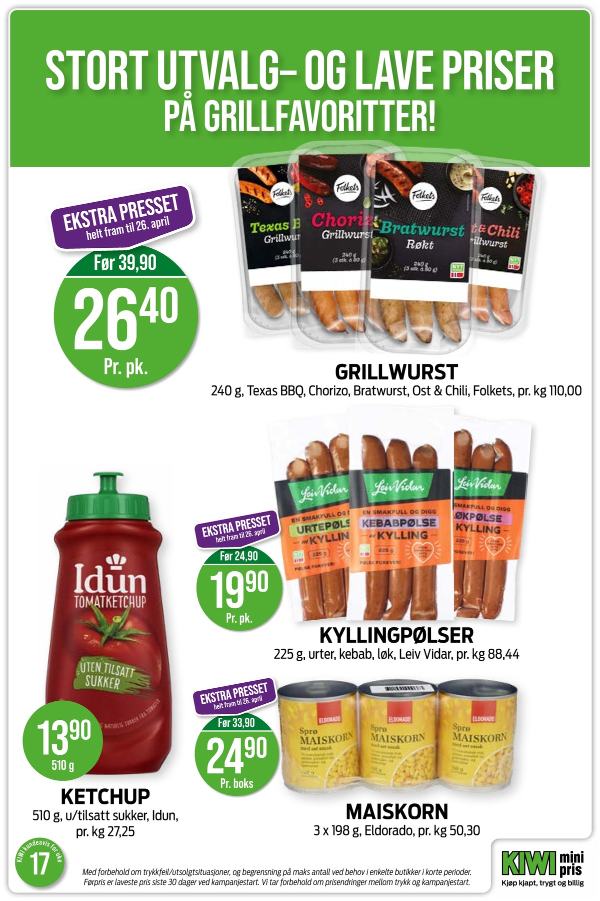 Se Kiwi kundeavis for uke 17 på Tilbudsuken.no. Se gode tilbud på mange varer, f.eks. bratwurst folkets eller texas bbq pølser folkets. Les kundeavisen her! Side 8