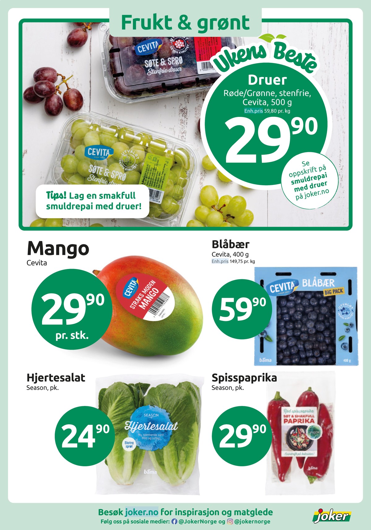 Se Joker kundeavis for uke 17 på Tilbudsuken.no. Se gode tilbud på mange varer, f.eks. druer cevita eller mango cevita. Les kundeavisen her! Side 4