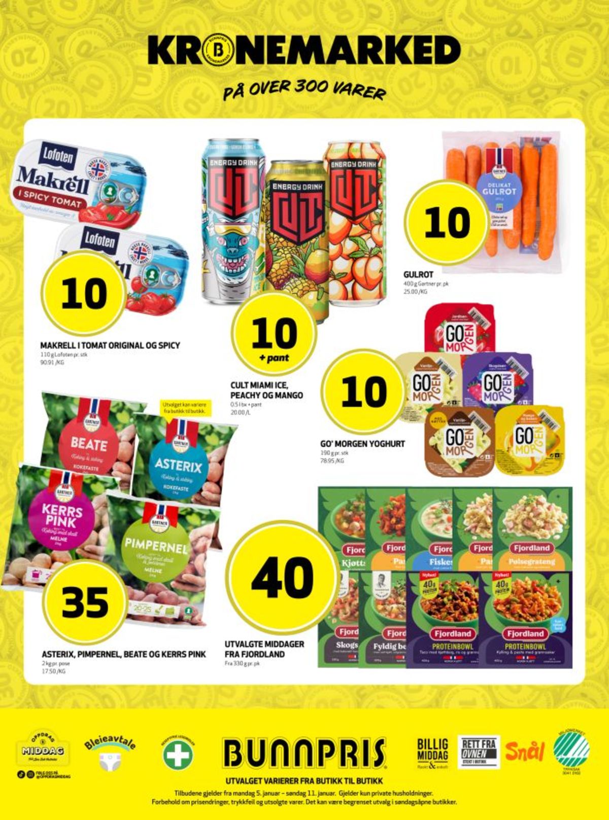 Se Bunnpris kundeavis for uke 2 på Tilbudsuken.no. Se gode tilbud på mange varer, f.eks. gulrøtter gartner eller vanilje yoghurt go morgen. Les kundeavisen her! Side 22