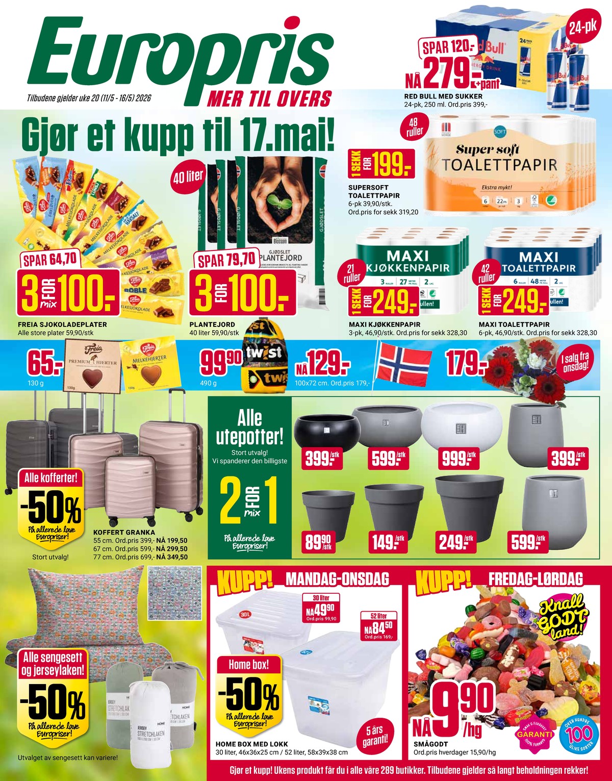 Se Europris kundeavis for uke 20 på Tilbudsuken.no. Se gode tilbud på mange varer, f.eks. energidrikk 24 pk. red bull eller toalettpapir super soft. Les kundeavisen her! Side 1