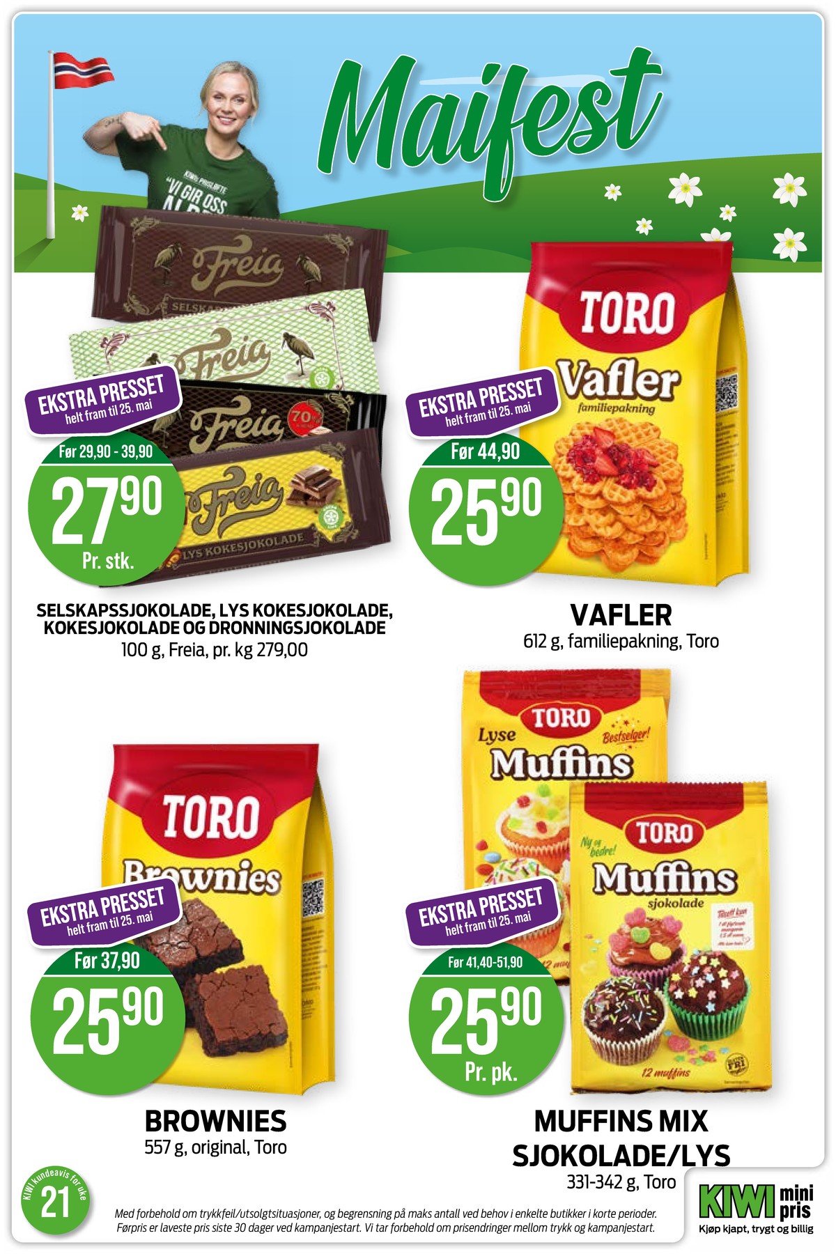 Se Kiwi kundeavis for uke 21 på Tilbudsuken.no. Se gode tilbud på mange varer, f.eks. kokesjokolade selskaps eller vaffelmix toro. Les kundeavisen her! Side 16