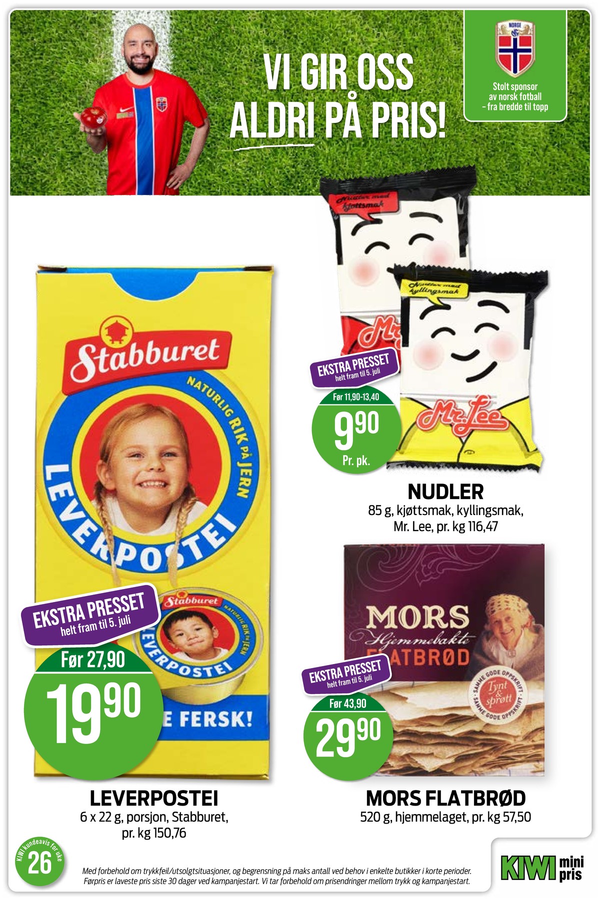 Se Kiwi kundeavis for uke 26 på Tilbudsuken.no. Se gode tilbud på mange varer, f.eks. leverpostei stabburet eller nudler med kjøtt mr lee. Les kundeavisen her! Side 18