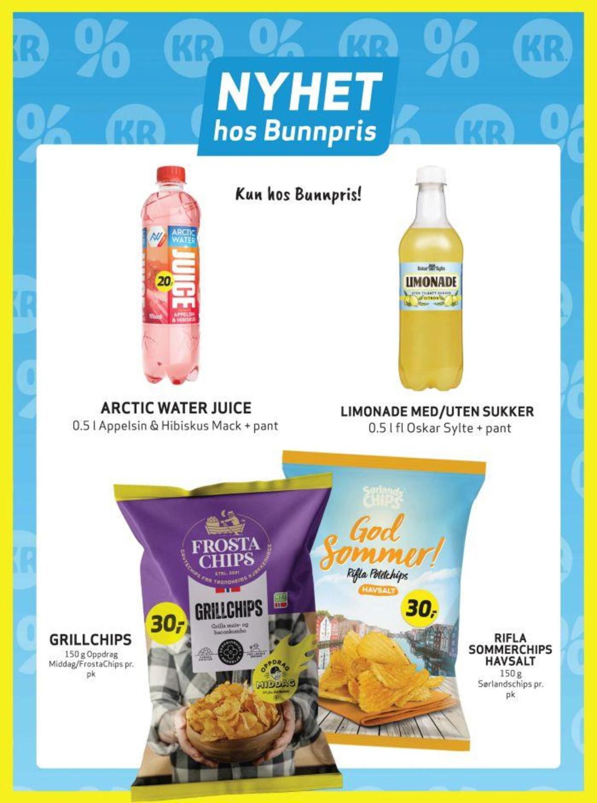 Se Bunnpris kundeavis for uke 26 på Tilbudsuken.no. Se gode tilbud på mange varer, f.eks. mineralvann marc arctic eller grillchips frosta chips. Les kundeavisen her! Side 27
