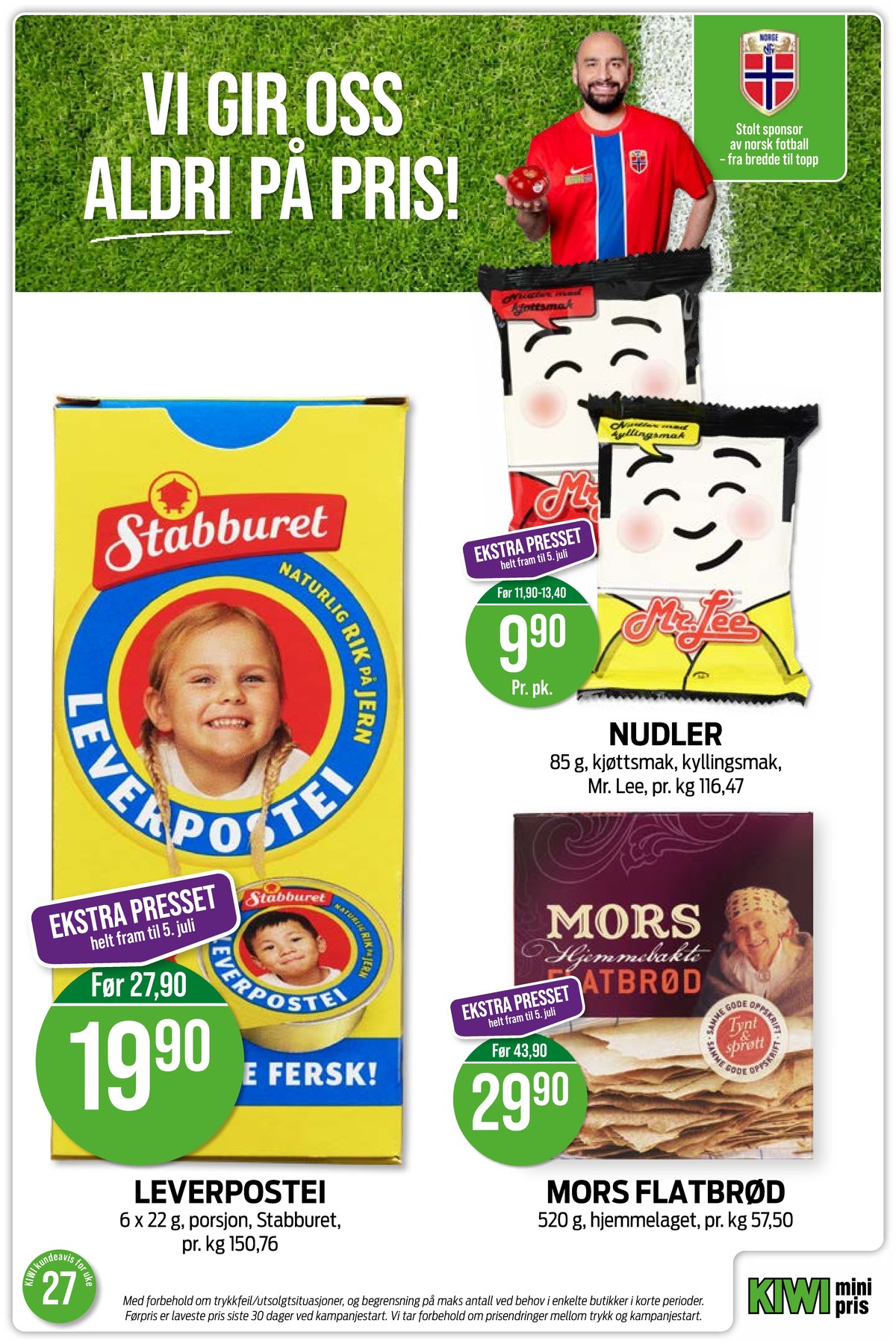 Se Kiwi kundeavis for uke 27 på Tilbudsuken.no. Se gode tilbud på mange varer, f.eks. leverpostei stabburet eller nudler med kjøtt mr lee. Les kundeavisen her! Side 21