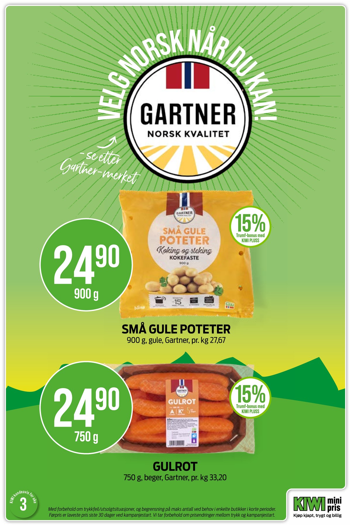 Se Kiwi kundeavis for uke 3 på Tilbudsuken.no. Se gode tilbud på mange varer, f.eks. poteter gartner eller gulrøtter gartner. Les kundeavisen her! Side 20