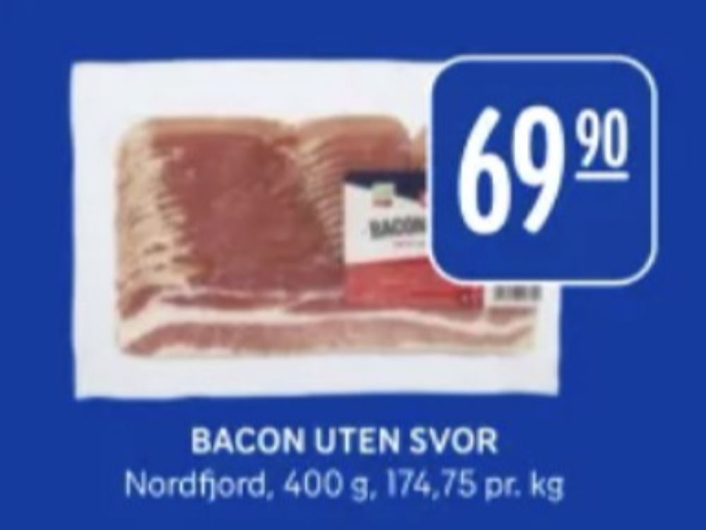 Tilbud og prissammenligning på Nordfjord, , Baconskiver 0.400 kg 1 Pakke kr69.90 i Rema 1000 kundeavis