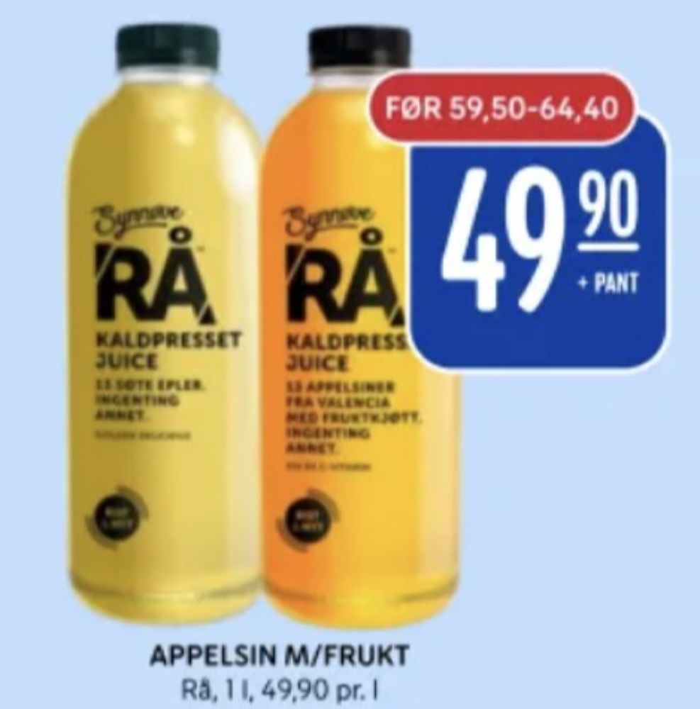 Tilbud og prissammenligning på RÅ, , Appelsinjuice med fruktkjøtt 1.000 ltr 1 Flaske kr49.90 i Rema 1000 kundeavis