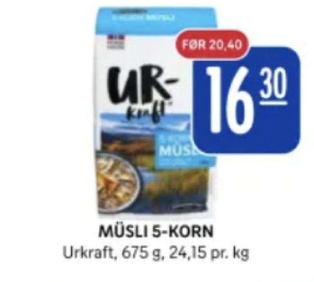 Tilbud og prissammenligning på Urkraft, , 5-korn Müsli 0.675 kg 1 Pakke kr16.30 i Rema 1000 kundeavis