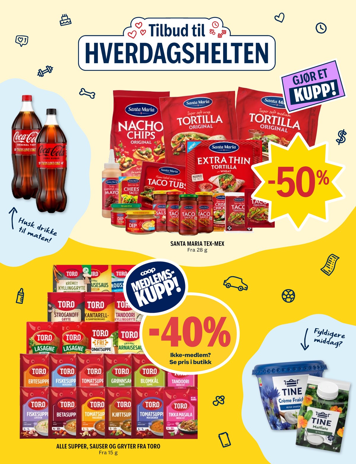 Se Coop Prix kundeavis for uke 34 på Tilbudsuken.no. Se gode tilbud på mange varer, f.eks. taco saus hot santa maria eller kremet kyllinggryte toro. Les kundeavisen her! Side 4