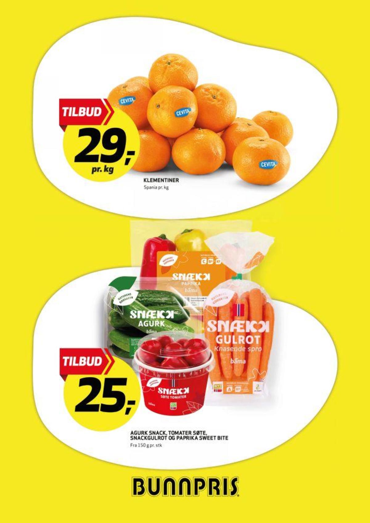 Se Bunnpris kundeavis for uke 35 på Tilbudsuken.no. Se gode tilbud på mange varer, f.eks. klementiner cevita eller gulrøtter bama. Les kundeavisen her! Side 6