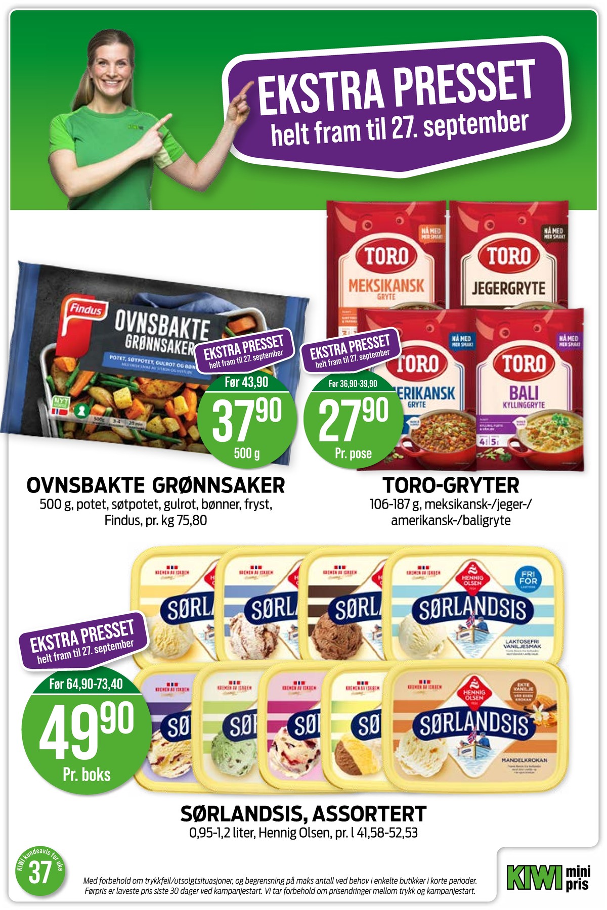 Se Kiwi kundeavis for uke 37 på Tilbudsuken.no. Se gode tilbud på mange varer, f.eks. ovnsbakte grønnsaker findus eller amerikansk gryte toro. Les kundeavisen her! Side 2