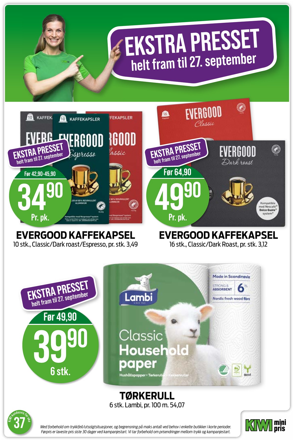 Se Kiwi kundeavis for uke 37 på Tilbudsuken.no. Se gode tilbud på mange varer, f.eks. kaffekapsler classic eller kaffekapsler dark roast. Les kundeavisen her! Side 3