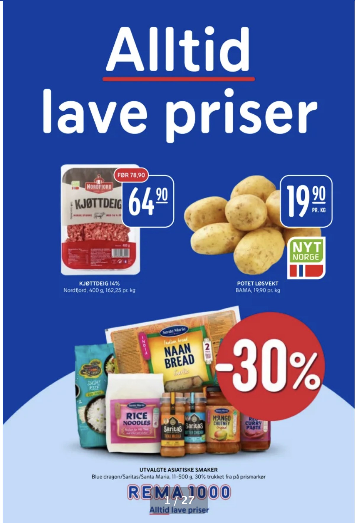 Se Rema 1000 kundeavis for uke 38 på Tilbudsuken.no. Se gode tilbud på mange varer, f.eks. kjøttdeig nordfjord eller poteter bama. Les kundeavisen her! Side 1