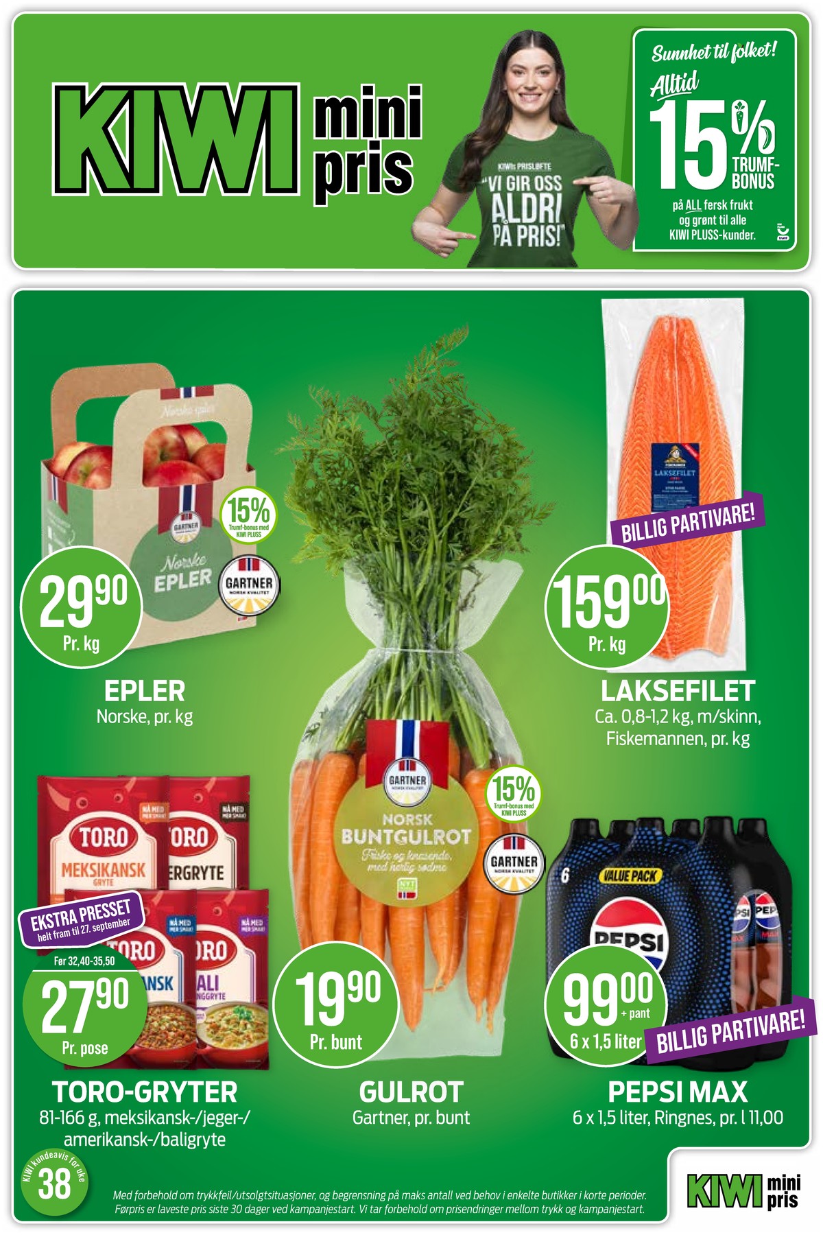 Se Kiwi kundeavis for uke 38 på Tilbudsuken.no. Se gode tilbud på mange varer, f.eks. laks fiskemannen eller epler ukjent. Les kundeavisen her! Side 1