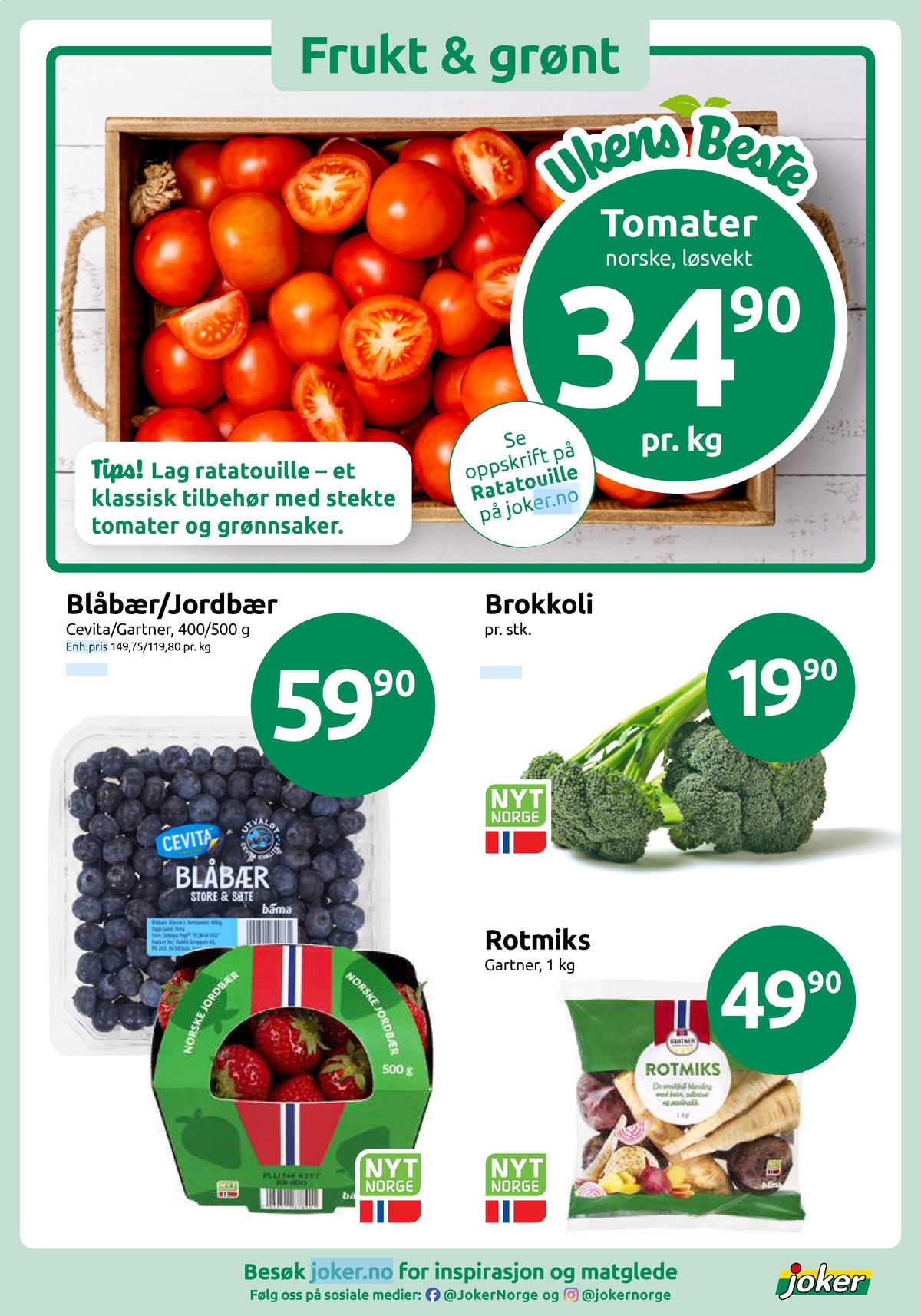 Se Joker kundeavis for uke 38 på Tilbudsuken.no. Se gode tilbud på mange varer, f.eks. tomater gartner eller brokkoli gartner. Les kundeavisen her! Side 3