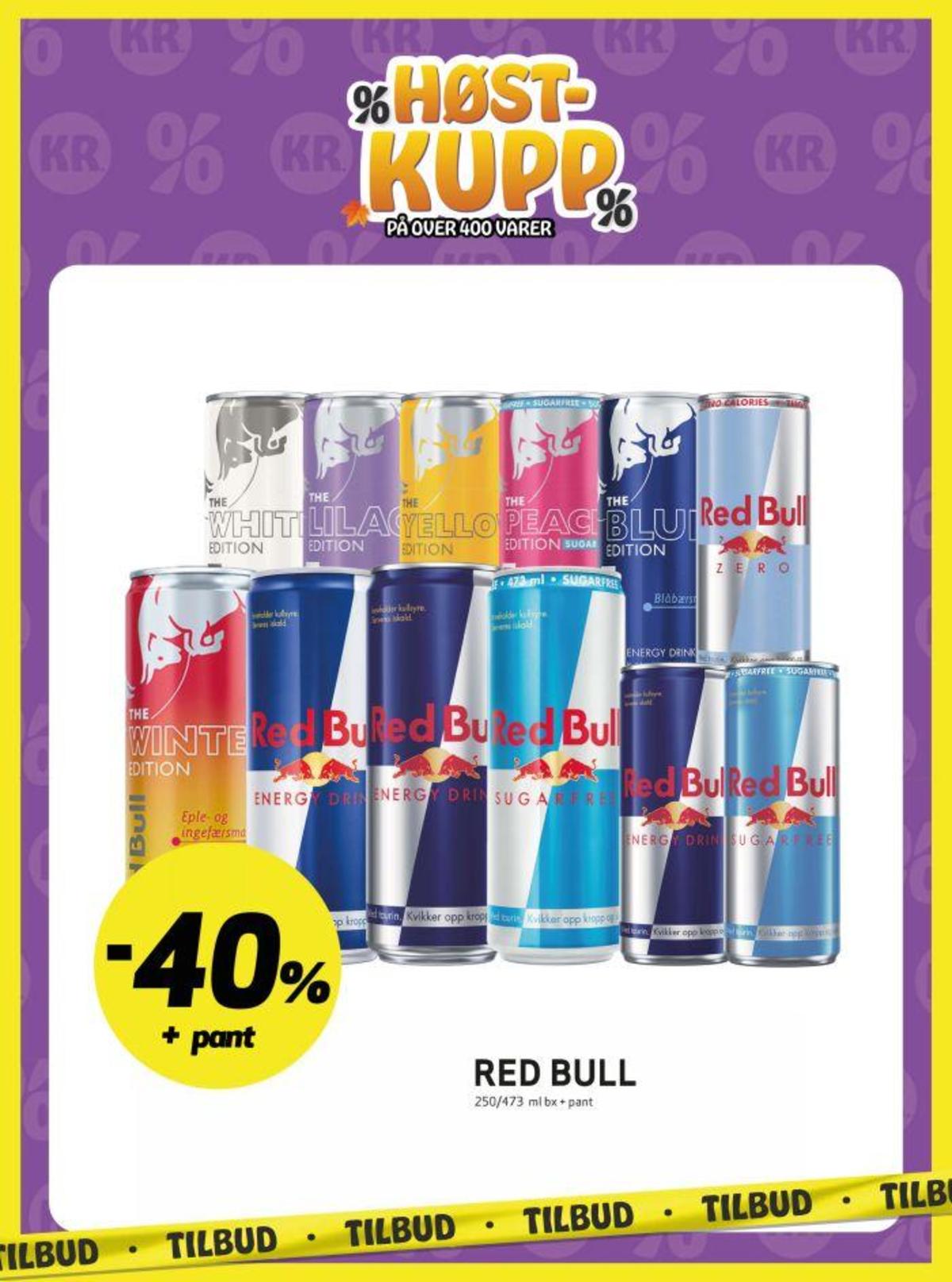 Se Bunnpris kundeavis for uke 40 på Tilbudsuken.no. Se gode tilbud på mange varer, f.eks. energidrikk red bull eller energidrikk 4 pk. red bull. Les kundeavisen her! Side 14