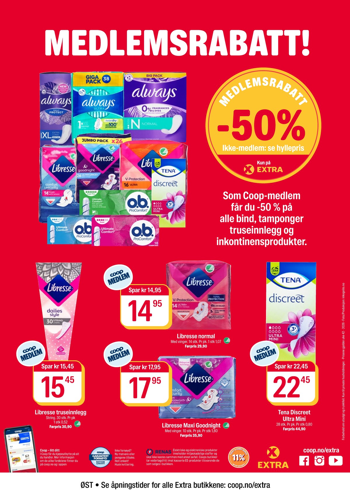 Se Coop Extra kundeavis for uke 42 på Tilbudsuken.no. Se gode tilbud på mange varer, f.eks. sanitetsbind libresse eller tamponger o.b.. Les kundeavisen her! Side 26