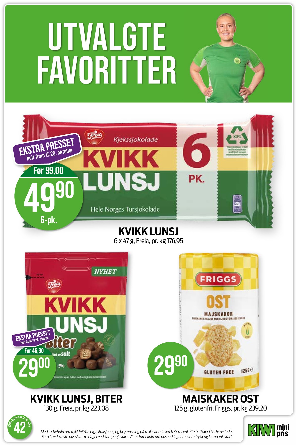Se Kiwi kundeavis for uke 42 på Tilbudsuken.no. Se gode tilbud på mange varer, f.eks. sjokoladebar kvikk lunsj eller maiskaker ost friggs. Les kundeavisen her! Side 24