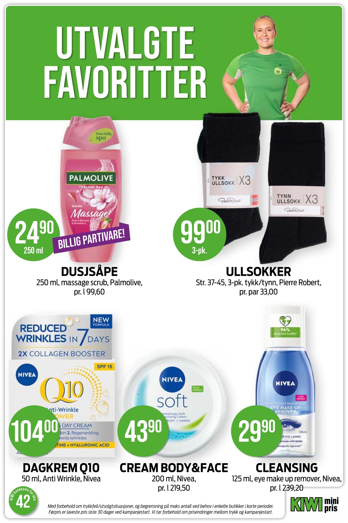 Se Kiwi kundeavis for uke 42 på Tilbudsuken.no. Se gode tilbud på mange varer, f.eks. dusjsåpe palmolive eller sokker pierre robert. Les kundeavisen her! Side 25