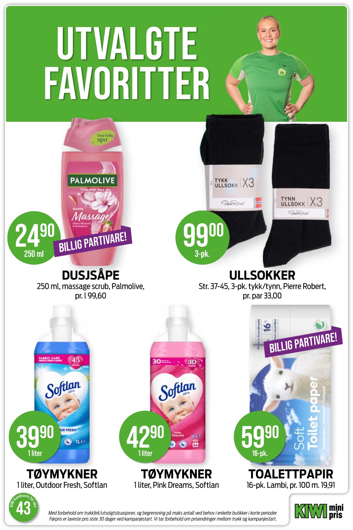 Se Kiwi kundeavis for uke 43 på Tilbudsuken.no. Se gode tilbud på mange varer, f.eks. dusjsåpe palmolive eller sokker pierre robert. Les kundeavisen her! Side 24