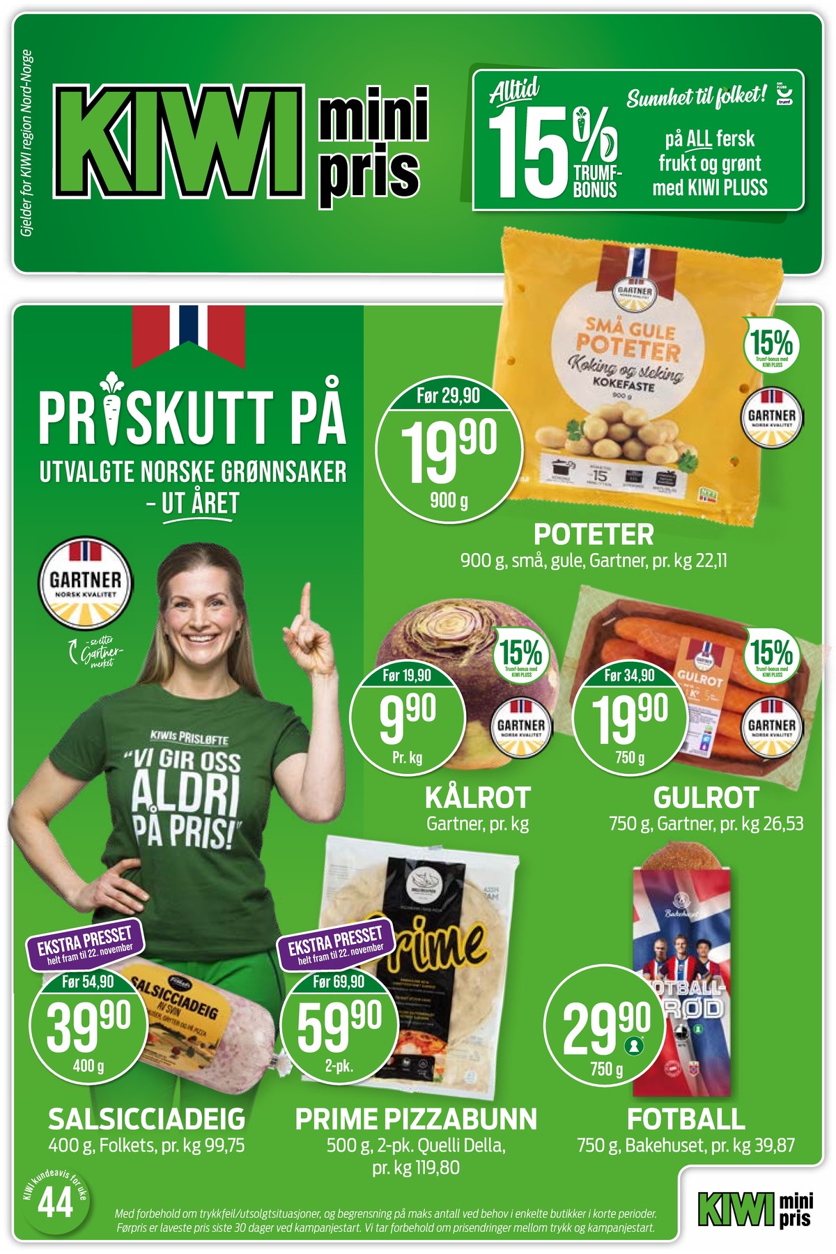 Se Kiwi kundeavis for uke 44 på Tilbudsuken.no. Se gode tilbud på mange varer, f.eks. poteter gartner eller gulrøtter gartner. Les kundeavisen her! Side 1