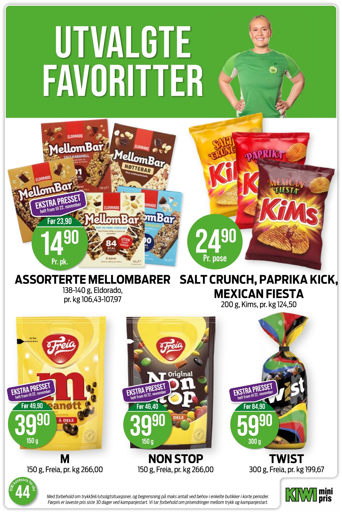Se Kiwi kundeavis for uke 44 på Tilbudsuken.no. Se gode tilbud på mange varer, f.eks. paprika kick chips kims eller salt crunch chips kims. Les kundeavisen her! Side 24