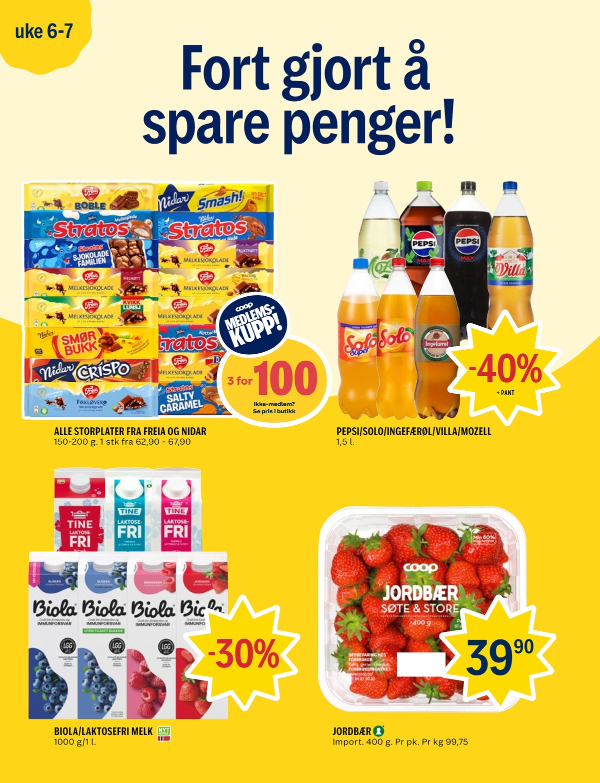 Se Coop Prix kundeavis for uke 6 på Tilbudsuken.no. Se gode tilbud på mange varer, f.eks. sjokoladeplate kvikk lunsj eller sjokoladeplate stratos. Les kundeavisen her! Side 2