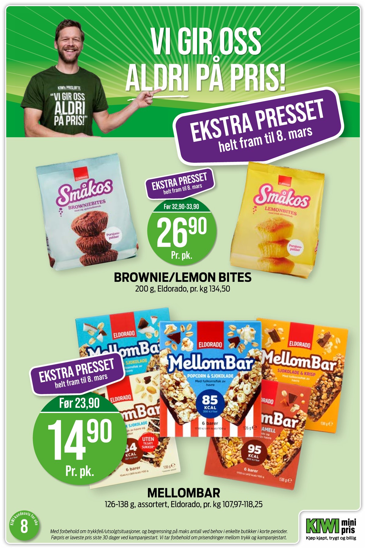 Se Kiwi kundeavis for uke 8 på Tilbudsuken.no. Se gode tilbud på mange varer, f.eks. småkos browniebites eldorado eller småkos lemonbites eldorado. Les kundeavisen her! Side 8