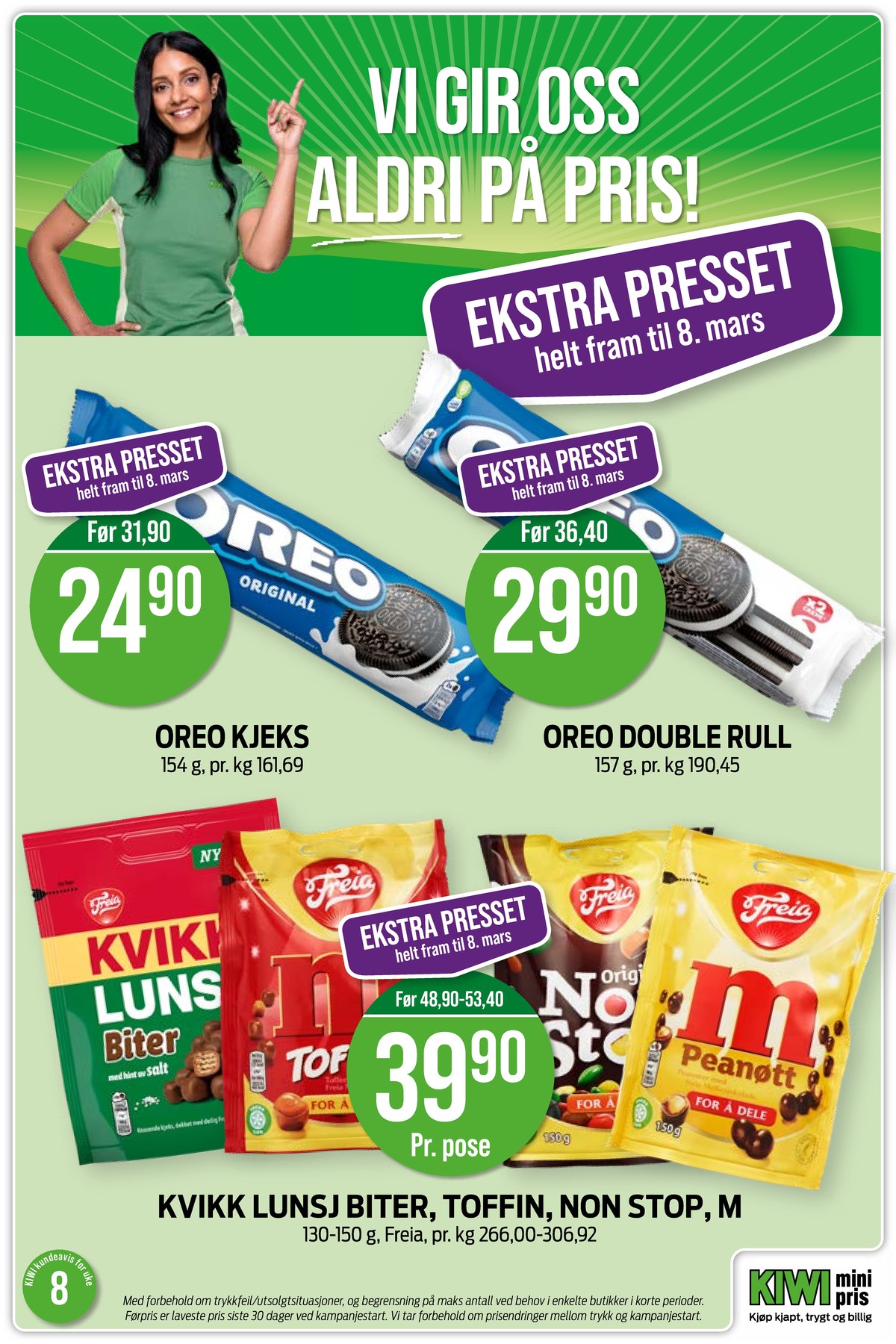 Se Kiwi kundeavis for uke 8 på Tilbudsuken.no. Se gode tilbud på mange varer, f.eks. kjeks original oreo eller double creme kjeks oreo. Les kundeavisen her! Side 9