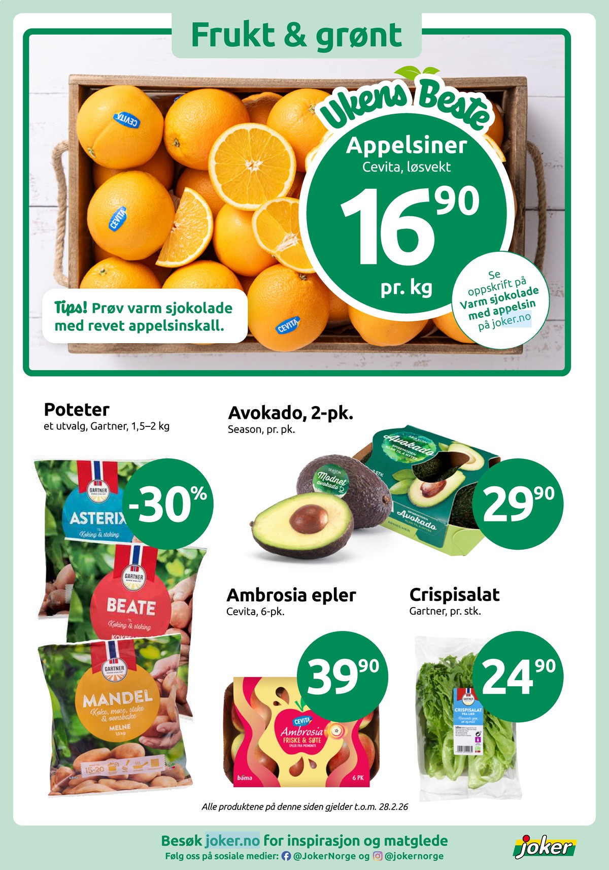 Se Joker kundeavis for uke 8 på Tilbudsuken.no. Se gode tilbud på mange varer, f.eks. appelsiner cevita eller poteter gartner. Les kundeavisen her! Side 4